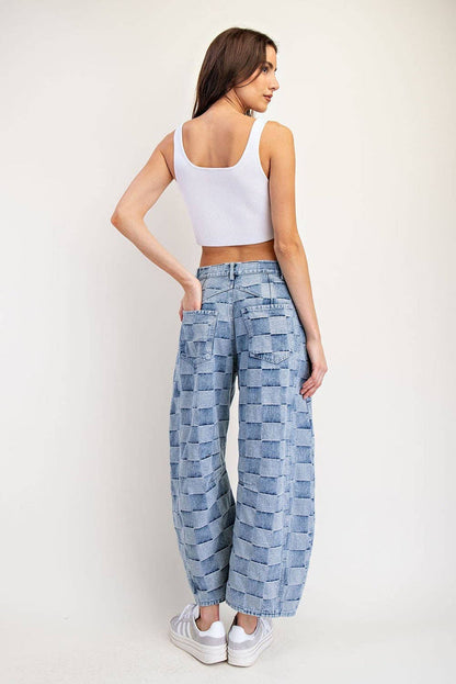 Women's Mineral Washed Check Barrel Jeans